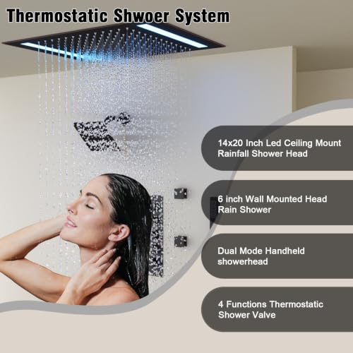 Thermostatic Shower System with 14x20 Inch Ceiling Mount LED Head & 6 Inch Wall Head and Handheld Shower 4 Function Vale with body jets, Oil Rubbed Bronz - color: Oil Rubbed Bronz, style: 14x20 led+6 jets