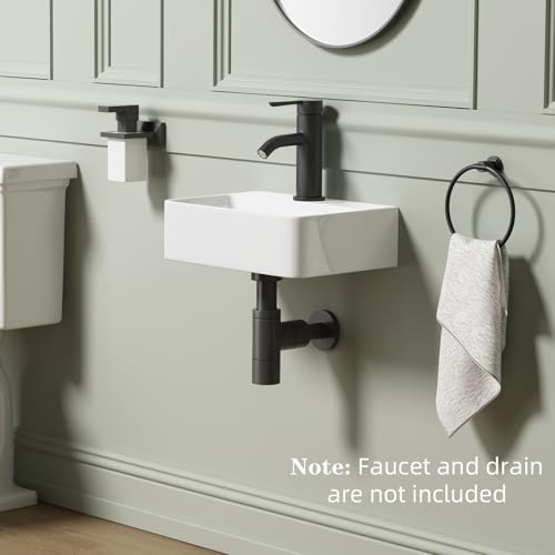 Wall Hung Bathroom Vessel Sink, QISHKA 14.5" X 10" Rectangular Floating Ceramic Wash Hand Basin White Wall Mount Vanity Sink for Small Bathroom and Small Cloakroom - size: 14.5" x 10" x 4.3"