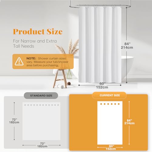 Narrow Long Linen Textured Shower Curtain for Bathroom, 60x84, White | Narrow Long Size, 230GSM Waterproof Polyester, Heavy Duty Cloth, Weighted Hem, 10 Hooks, Modern Hotel Style, Machine Washable - color: White, size: 60"W x 84"L (Pack of 1)