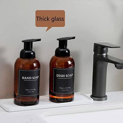 2 Pack Foaming Soap Dispenser, 12.7 Oz Thick Glass Pump, Amber | Refillable Foam Soap Bottles for Hand Soap and Body Wash, Ideal for Bathroom Countertop, Kitchen Sink and More - color: Amber