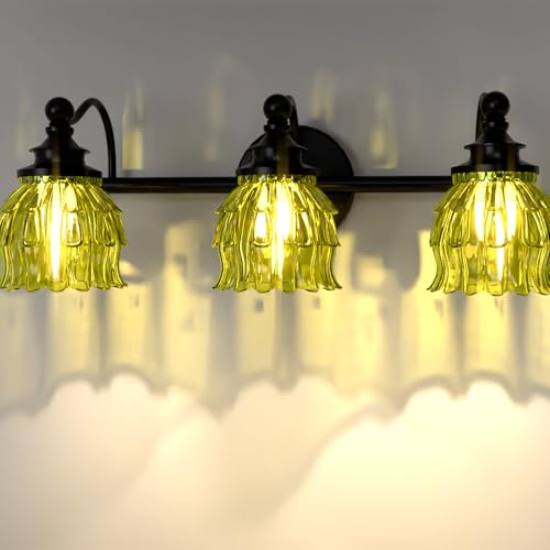 3-Light Bathroom Vanity Light Fixture Wall Mounted Mirror Front Lamp | with Water-Lily Shaped Green Crystal Glass Shade, Modern Black Antique Finish Lamp for Mirror Kitchen Living Room Hallway - size: 3-Light (Water-Lily Shaped)
