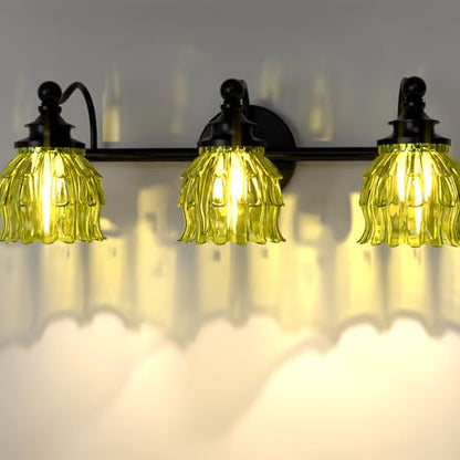 3-Light Bathroom Vanity Light Fixture Wall Mounted Mirror Front Lamp | with Water-Lily Shaped Green Crystal Glass Shade, Modern Black Antique Finish Lamp for Mirror Kitchen Living Room Hallway - size: 3-Light (Water-Lily Shaped)