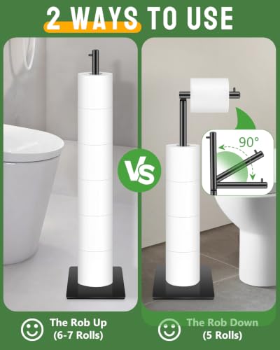 Free Standing Toilet Paper Holder, Bathroom Toilet Paper Stand with Shelf Hold 4 Paper Rolls, Modern Square Base Tissue Roll Storage Holder, Black, Naturous