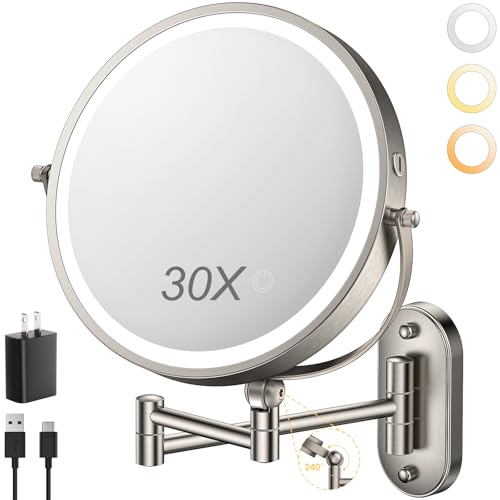ZLOKLA 9" Wall Mounted Lighted Makeup Mirror,4000mAh Rechargeable Double Sided 1X/30X Magnifying Mirror with Light,Touch Dimmable,Extended Arm 360 Rotation Wall Mounted Makeup Mirror 3 Color Lights-N - color: 30x-nickel