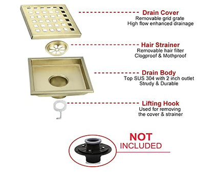 4 inch Square Shower Drain with Removable Cover Grid Grate,SUS 304 Stainless Steel Tile in Floor Drain,Brushed Gold - color: Brushed Gold (Without Drain Base/Adapter)