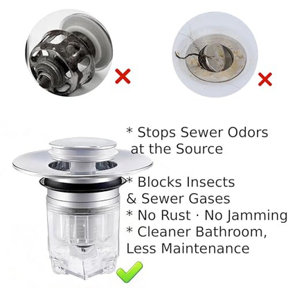 Magnetic Pop-Up Sink Drain Stopper, Universal Bathroom Drain Plug with Removable Hair Catcher, Odor-Proof & Insect-Proof, Fits 1.35–1.6 in Drain Openings (2)