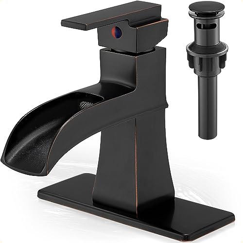 Brass Bathroom Waterfall Faucet, Oil Rubbed Bronze Bathroom Faucet 1 Hole or 3 Holes (4 Inch), Single Handle with Deck Plate, Pop-Up Drain & Water Hoses for RV Vanity Farmhouse, 5 Mins Install - color: Oil Rubbed Bronze