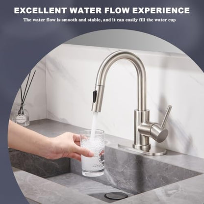 Brushe Nickel Bathroom Sink Faucet with Pull Down Sprayer | 2 Mode Sprayer, with Deck Plate for 1 or 3 Hole, 360° Swivel, with Pop Up Drain for Vanity Bar RV Basin Laundry - color: Brushed Nickel