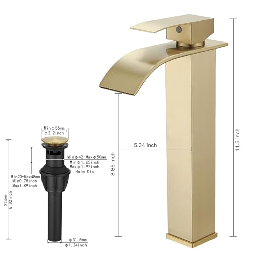 Brushed Gold Bathroom Vessel Sink Faucet Modern Waterfall Vessel Faucet | Stainless Steel Tall 1 Hole Single Handle Vanity Lavatory Modern Commercial Mixer Tap With Pop Up Drain by BATHLAVISH - color: Brushed Gold, size: Modern Vessel Sink Faucet