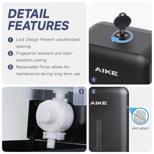AIKE Liquid Commercial Soap Dispenser,27oz for Bathroom Modern Black,AK1006 | No-Drill and Screw Dual Wall Mount Install Design for Space-Saving,Easy Push Easy Refill and Large Capacity for Commercial - color: Black