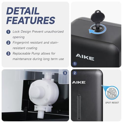 AIKE Liquid Commercial Soap Dispenser,27oz for Bathroom Modern Black,AK1006 | No-Drill and Screw Dual Wall Mount Install Design for Space-Saving,Easy Push Easy Refill and Large Capacity for Commercial - color: Black