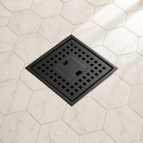 6 Inch Matte Black Square Shower Drain Kit with Lift-Out Hair Catcher, 304 Stainless Steel Shower Floor Drain with ABS Flange, for Bathroom