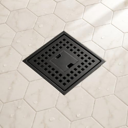 6 Inch Matte Black Square Shower Drain Kit with Lift-Out Hair Catcher, 304 Stainless Steel Shower Floor Drain with ABS Flange, for Bathroom