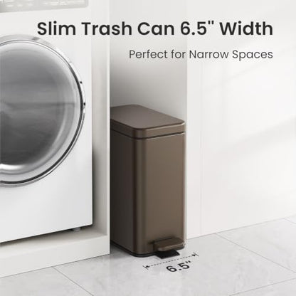 Cesun 2.6 Gallons Small Bathroom Trash Can with Lid Soft Close, Brown | Removable Inner Bucket, Small Stainless Steel Garbage Can for Bedroom/Office, Hands-Free Step Pedal, Fingerprint-Resistant - color: Brown