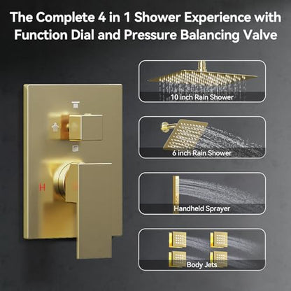 Shower System with Body Jets, Bostingner 4 Way Shower Faucet with 2 in1 Handheld,Ceiling Mount 10 Inch Shower Head and 6 Inch Shower Head,4Pcs Body Jets With Dual Head Shower Set Brushed Gold - color: Gold, size: 6+10 inch