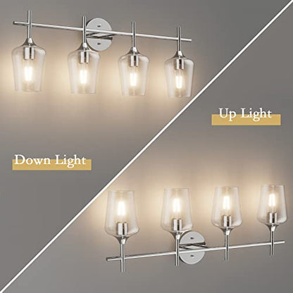 Ralbay Chrome Bathroom Vanity Light - 4 Light Industrial Farmhouse Style, Clear Glass, Over Mirror - color: Chrome, size: 4-Light