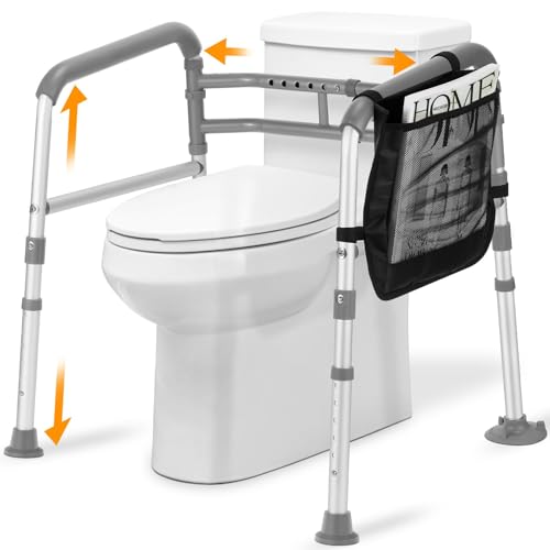 Heavy Duty Toilet Safety Rails & Medical Stand Assist for Seniors | Adjustable height & width handicap toilet frame. Universal fit bathroom assistive device with secure suction cups & handles