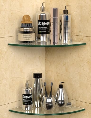 Bakzon Glass Corner Shower Shelf 2 Pack, 9.5" Tempered Glass Shower Caddy, No-Drill Adhesive or Screw Mount, 22 LB Heavy Duty Bathroom Organizer with Rustproof Aluminum Brackets, Renter Friendly - color: Clear