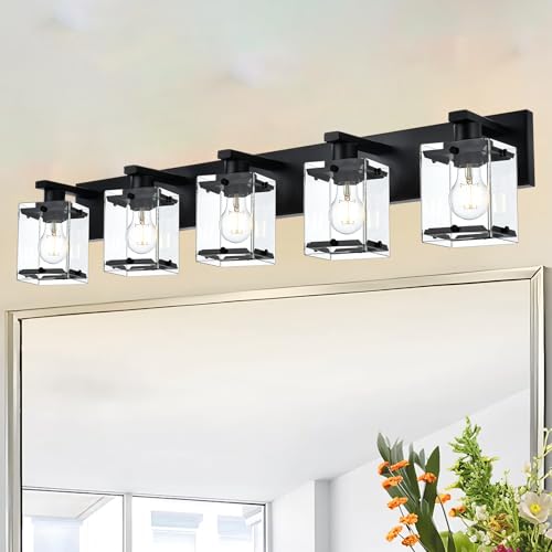 5-Light Modern Vanity Lighting, Black Bathroom Light Fixture Over Mirror with Rectangular Clear Glass,E26 Bulb Base - color: Black, Clear Glass, size: 5-Lights