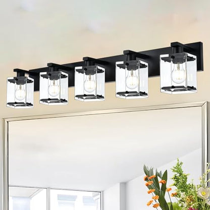 5-Light Modern Vanity Lighting, Black Bathroom Light Fixture Over Mirror with Rectangular Clear Glass,E26 Bulb Base - color: Black, Clear Glass, size: 5-Lights