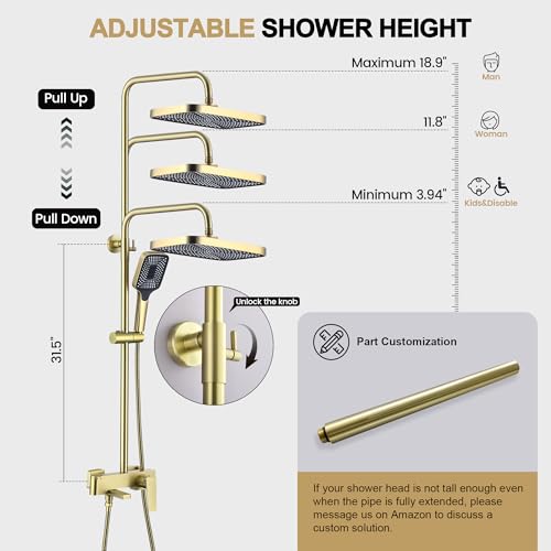 Shower Systems with 12 x8 Inches Rain Shower Head,Brushed Gold Exposed Pipe Shower System,3 Functions Tub Shower Faucet Sets,Overhead Shower System with Handheld - color: A- Brushed Gold with Square Shower Head