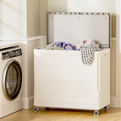 Extra Large Laundry Hamper with Lid Wheels 180L | Fits Large Families, Industries, Heavy-Duty Frame, 4 Smooth Wheels, Dust-Free Lid, Easy-Clean Plastic, Foldable Assembly - color: Milky, size: 180L