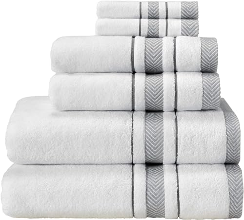 Bath Towels Set for Bathroom – Luxury 6-Piece Cotton Towels, Soft Absorbent & Quick Dry, 600 GSM Bath Towels for Bathroom, Hotel Spa Quality (White/Grey, 6- Bath Towel Set) - color: White/Grey