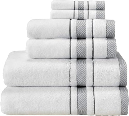 Bath Towels Set for Bathroom – Luxury 6-Piece Cotton Towels, Soft Absorbent & Quick Dry, 600 GSM Bath Towels for Bathroom, Hotel Spa Quality (White/Grey, 6- Bath Towel Set) - color: White/Grey