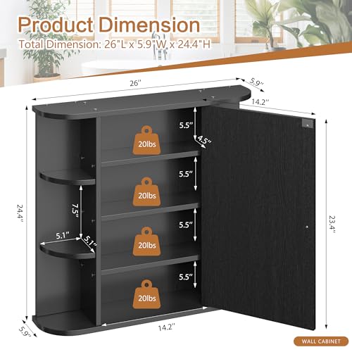 Bathroom Mirror Cabinet Wall Mounted, Bathroom Medicine Cabinet with Mirror and 6 Open Shelves, Modern Wall Cabinet, Black - color: Black