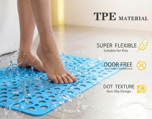 Nonslip Bath Tub Shower Mat with Suction Cups, Extra Soft TPE Bath Mat for Kids, Bathtub Bathroom Mats, Machine Washable, Smooth/Non-Textured Tubs Only, 35L x 16W Inch(Lake Blue) - color: Lake Blue, size: 35" x 16" (Rectangular)