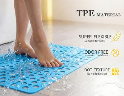 Nonslip Bath Tub Shower Mat with Suction Cups, Extra Soft TPE Bath Mat for Kids, Bathtub Bathroom Mats, Machine Washable, Smooth/Non-Textured Tubs Only, 35L x 16W Inch(Lake Blue) - color: Lake Blue, size: 35" x 16" (Rectangular)