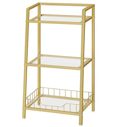 HOOBRO Gold Glass Shelf Stand, 3 Tier Standing Shelf Unit, Bathroom Organizer and Storage, Floor Storage Shelves Waterproof, for Bathroom, Laundry, Toilet, Tempered Glass, Gold GD77CJ01 - size: 15" L x 11.8" W x 30.3" H