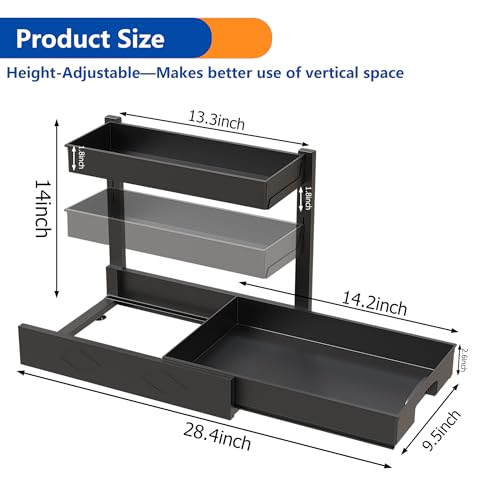 BLULEE 2 Pack Under Sink Organizer, Adjustable Pull Out Storage Rack | L-Shaped Set of 2 Sliding Bathroom Vanity & Kitchen Shelf, Bypasses Pipes, Heavy Duty Metal Frame Fits Tall Bottles