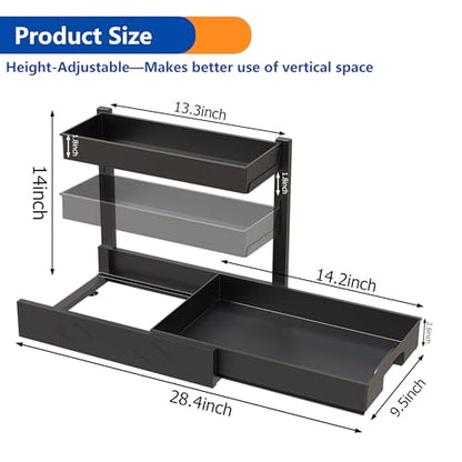 BLULEE 2 Pack Under Sink Organizer, Adjustable Pull Out Storage Rack | L-Shaped Set of 2 Sliding Bathroom Vanity & Kitchen Shelf, Bypasses Pipes, Heavy Duty Metal Frame Fits Tall Bottles