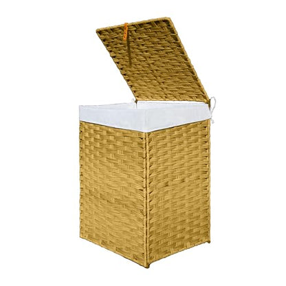 Wicker Laundry Hamper with Lid,24Gal (90 L) Rattan Laundry Basket 2 Sections with Lid, Removable Machine Washable Line, Large Clothes Hamper with Handles for Bathroom Bedroom, Yellow - color: Yellow, size: 90L