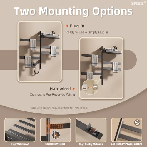 ENZE Smart Rotating Heated Towel Rack, 4-Bar Wall-Mounted, Gray | Electric Towel Warmer with Swivel Shelf, Wi-Fi App Control, 24H Timer, Stainless Steel, IPX5, Hardwired/Plug-in - color: Gray 17.72"x26.77"