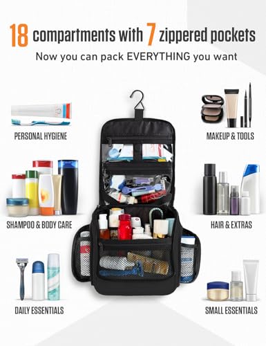 VENTURE 4TH Hanging Travel Toiletry Bag, 18 Compartments - Black | Hangs on rails, hooks or doors; stands upright. Removable TSA pouch. Water-resistant Nylon 290D Twill, reinforced stitching. - color: Black