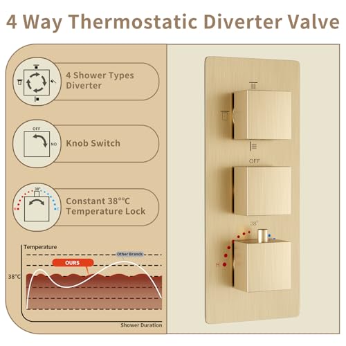 Thermosttic Shower Faucet Set Brushed Gold Shower System with 12 and 8 inch Rain Shower Head, 4 Body Jets, Handheld Spray - color: Brushed Gold, size: 12+8" Ceiling Shower