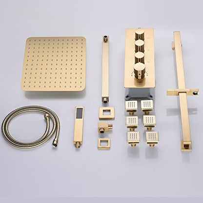 Cascada Luxury 12” Rainfall Shower set (Wall Mounted) with 4 knob thermostatic Valves & 3 functions (Rainfall, Body jets & Hand Shower) (Brushed Gold) - color: Brushed Gold