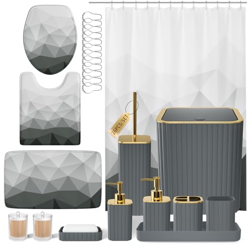 XLHOMO Bathroom Accessory Set - 26PC Bathroom Shower Curtain and Rug Set, Bathroom Accessories Set, Grey Bathroom Set with Trash Can, Toilet Brush, Qtip Holder & Soap Dispenser - style: Grey