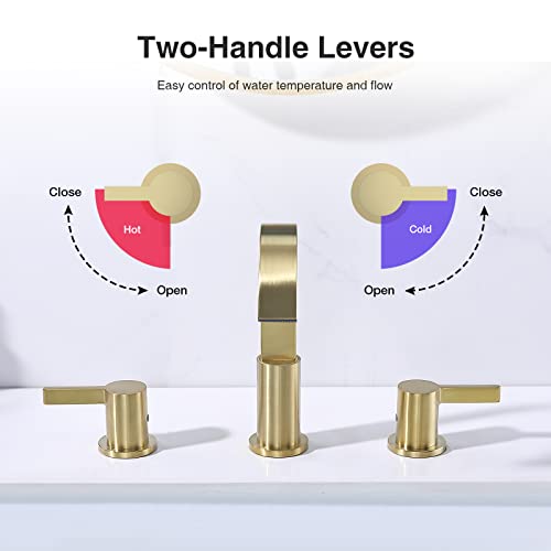 TRUSTMI 8 Inch Widespread Brushed Gold Bathroom Faucet 3 Hole 2 Handle Brass Vanity Sink Faucet with 360 Degree Swivel Spout, Overflow Drain and cUPC Waterlines - color: Brushed Gold