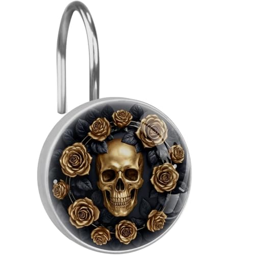 Crystal Glass Shower Curtain Hooks Set of 12, Rustproof Shower Curtain Rings for Bathroom, Golden Rose and Skull Decorative Shower Curtain Hangers for Shower Curtain Rod, Bedroom - color: Golden Rose and Skull