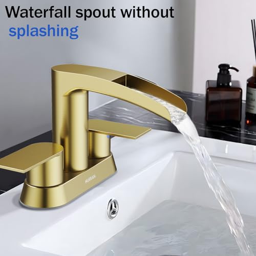 Bathroom Sink Faucet for 3 Hole, Hurran 4 Inch Faucets with Pop-up Drain, Stainless Steel 2-Handle Waterfall Faucet for Bathroom Sink, Brushed Gold - color: Brushed Gold