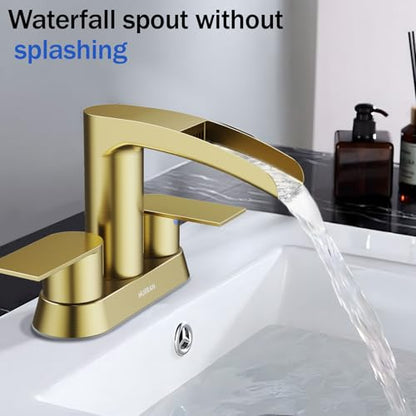 Bathroom Sink Faucet for 3 Hole, Hurran 4 Inch Faucets with Pop-up Drain, Stainless Steel 2-Handle Waterfall Faucet for Bathroom Sink, Brushed Gold - color: Brushed Gold