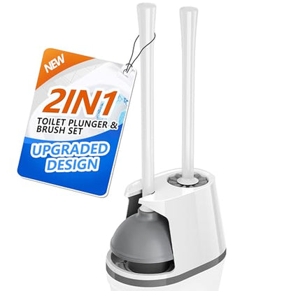 Toilet Plunger and Brush Set, Bowl Brush and Heavy Duty Toilet Plunger with Ventilated Holder, 2-in-1 Toilet Brush and Plunger Combo for 5.3-inch Toilet Drain Bathroom Deeply Cleaning(White & Grey) - color: White & Grey01