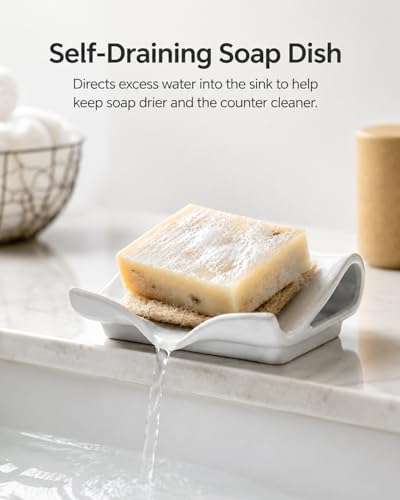 Zoeeker Soap Dish for Shower, Ceramic Self-Draining Bar Soap Holder | Soap Tray with Drainage Rectangular Bar Soap Saver Sponge Holder for Bathroom, Kitchen, Sink Organizer Tray Keep Dry, White - color: White