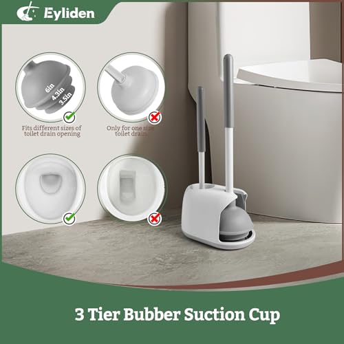 Eyliden Toilet Plunger & Brush Set, 3-Step Suction Cup, Compact Caddy | Space-Saving Toilet Deep Cleaning Combo with Holder, Ultra-Tight Seal, Durable, Nylon Bristles, Bathroom Essentials