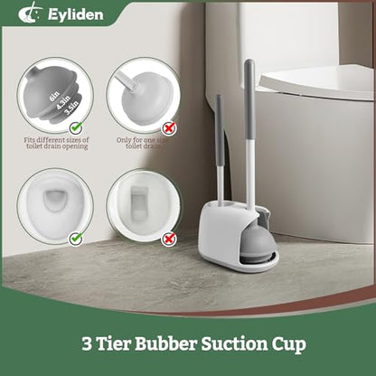Eyliden Toilet Plunger & Brush Set, 3-Step Suction Cup, Compact Caddy | Space-Saving Toilet Deep Cleaning Combo with Holder, Ultra-Tight Seal, Durable, Nylon Bristles, Bathroom Essentials