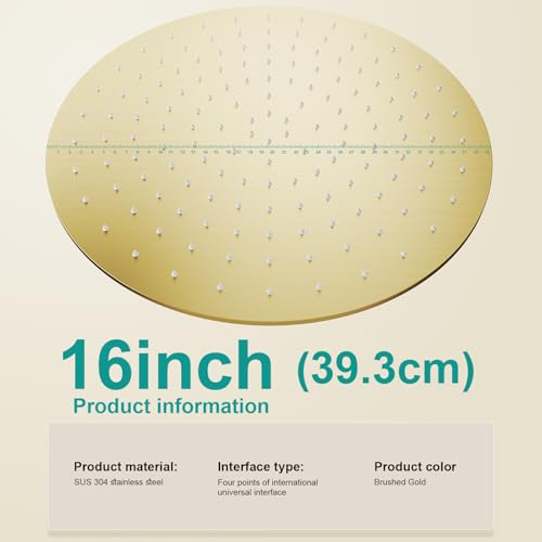 All Metal Rain Shower Head - Heavy Duty Stainless Steel, Easy Install, High Water Flow, Ultra-Thin Modern Design for Bathroom (F-Brushed Gold, 16) - color: Brushed Gold, size: 16