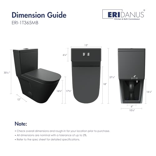 One Piece Toilet Elongated Dual Flush, 17.3" ADA Seat, Matte Black | ADA Compliant 17.3" chair height with soft close seat, Dual flush 1.1/1.6 GPF Elongated toilet bowl 12" rough-in, Matte Black - color: Matte Black 365Model